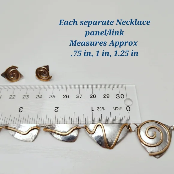 Vintage Sterling Silver Bronze Swirl Hand wrought Modernist Necklace Earring Set - Picture 11 of 15